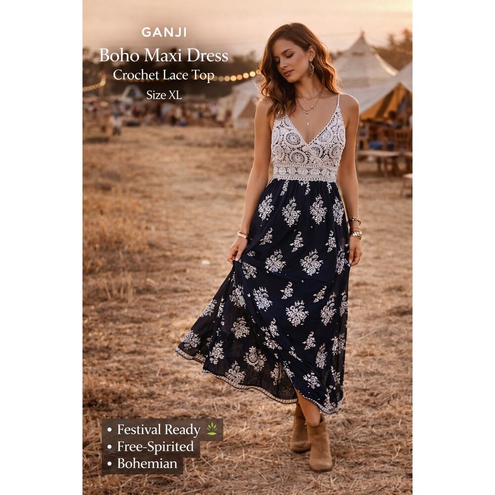 Ganji Dress Maxi Sleeveless Lace Crochet Boho Whimsy Festival SZXL Summertime